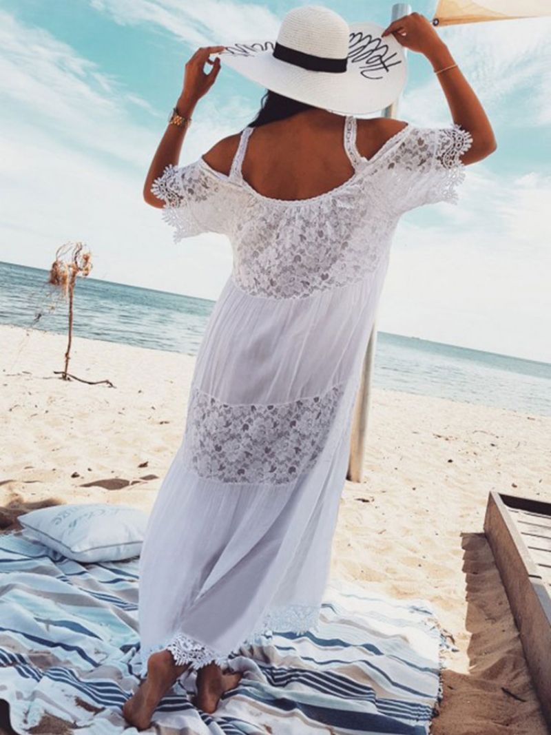 Vit Boho Klänning Kvinnor Maxiklänning Spets Halvärm Cold Shoulder Beach Dress - Vit