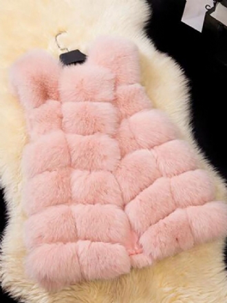 Damrockar Rosa Ärmlös Fuskpälsrock Layered Winter Coat