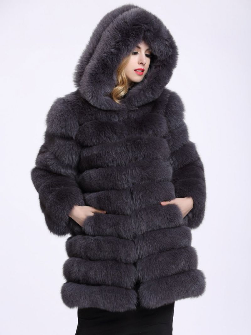 Faux Fox Fur Coat Hooded Påkostade Vinterytterkläder För Kvinnor - Deep Grey