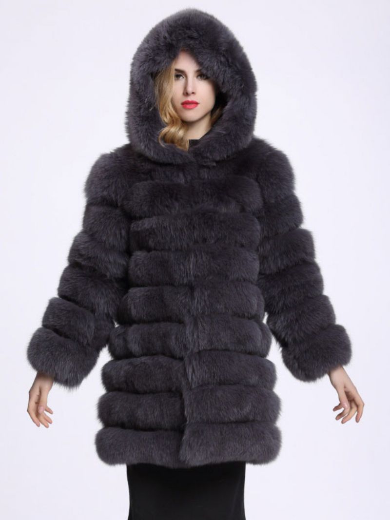 Faux Fox Fur Coat Hooded Påkostade Vinterytterkläder För Kvinnor - Deep Grey