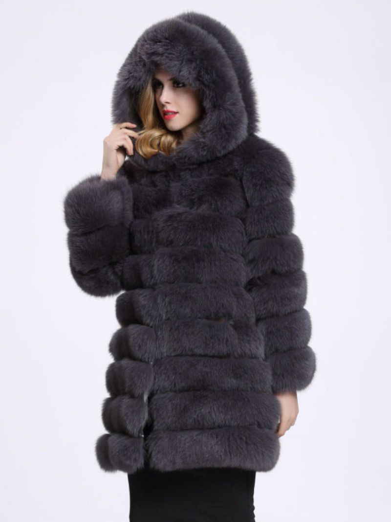 Faux Fox Fur Coat Hooded Påkostade Vinterytterkläder För Kvinnor - Deep Grey