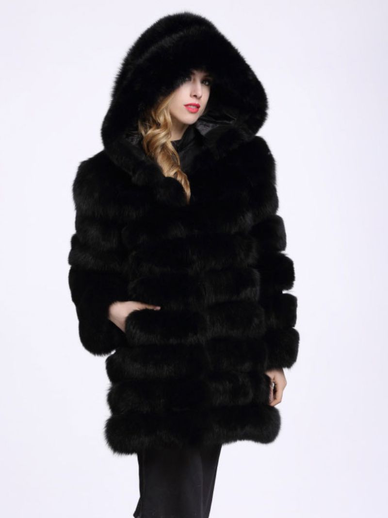 Faux Fox Fur Coat Hooded Påkostade Vinterytterkläder För Kvinnor - Svart