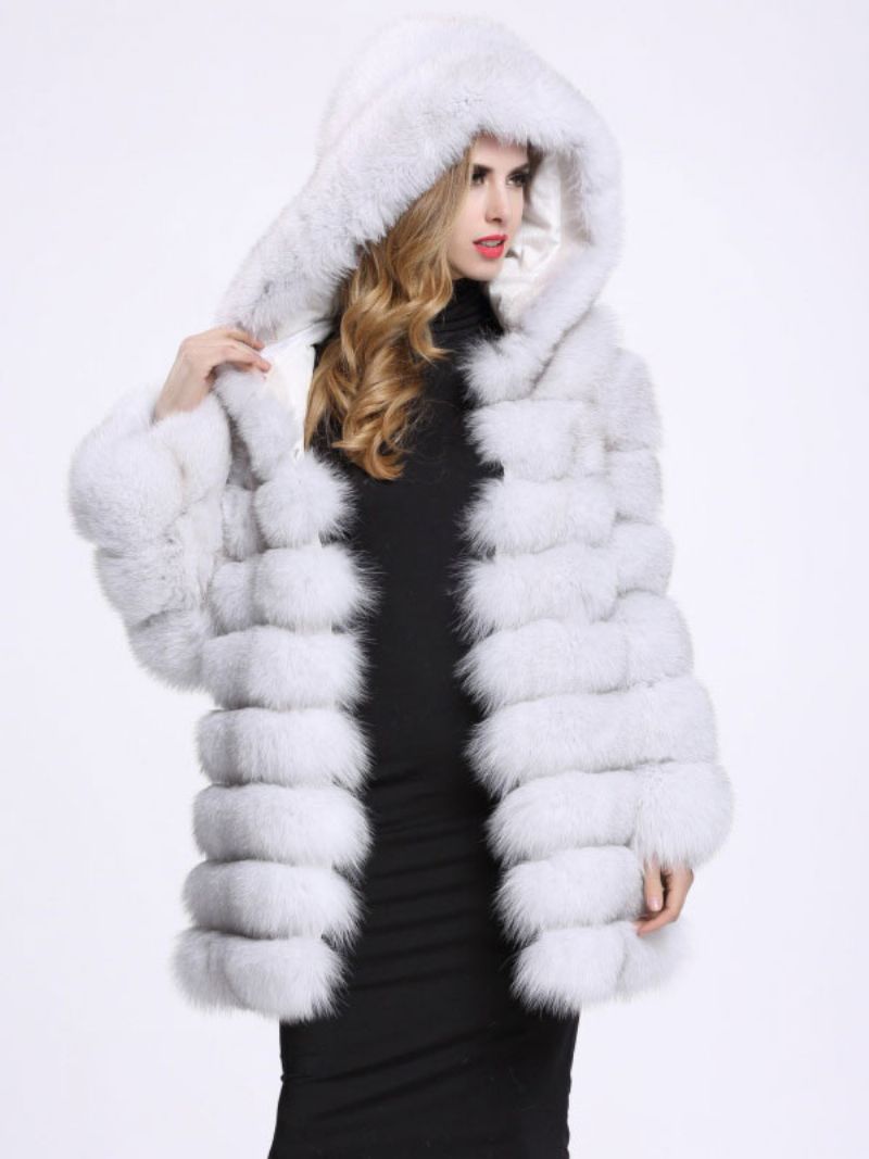 Faux Fox Fur Coat Hooded Påkostade Vinterytterkläder För Kvinnor - Vit