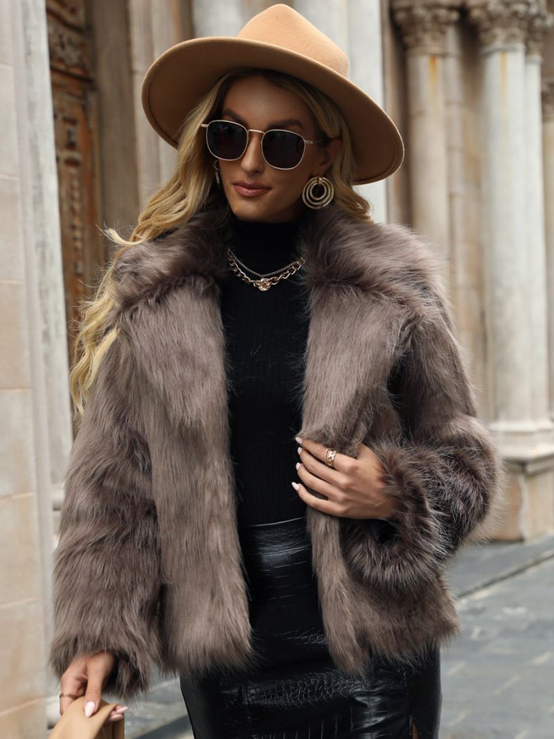 Faux Fur Coat Lapel Open Front Enfärgad Höst-vinterjacka För Kvinnor - Kaki