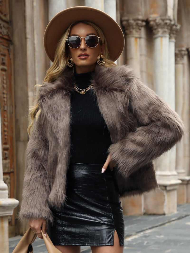 Faux Fur Coat Lapel Open Front Enfärgad Höst-vinterjacka För Kvinnor - Kaki