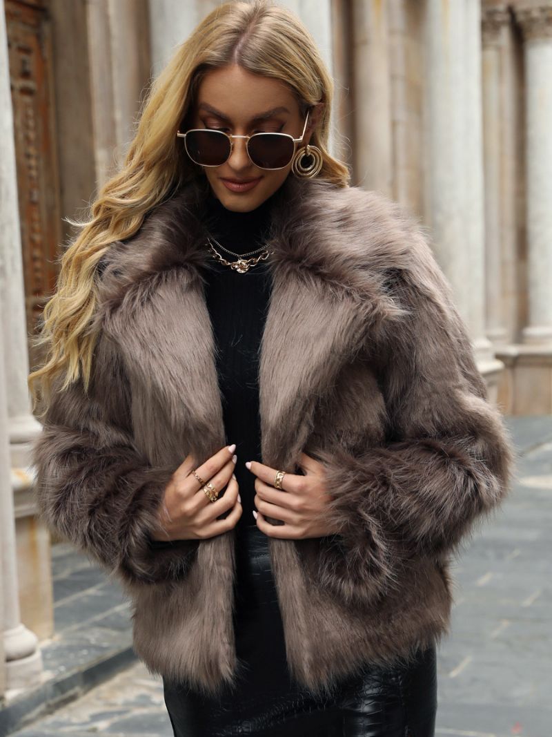 Faux Fur Coat Lapel Open Front Enfärgad Höst-vinterjacka För Kvinnor - Kaki