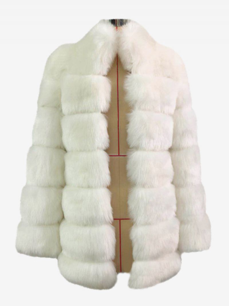 Faux Fur Coat Stand Krage Långärmad Enfärgad Ytterkläder För Kvinnor - Vit