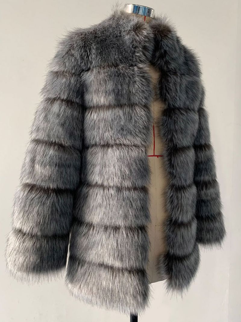 Faux Fur Coat Stand Krage Långärmad Enfärgad Ytterkläder För Kvinnor - Silver