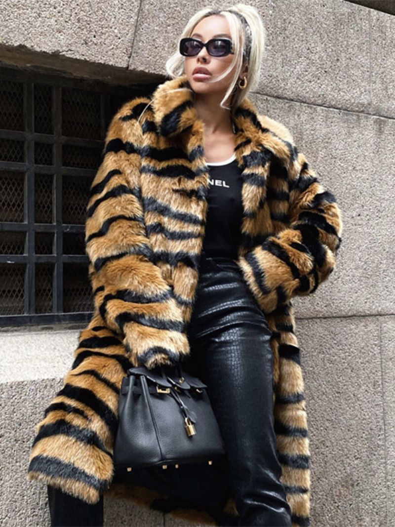 Faux Fur Coat Tiger Print Vinter Midi Ytterkläder För Kvinnor