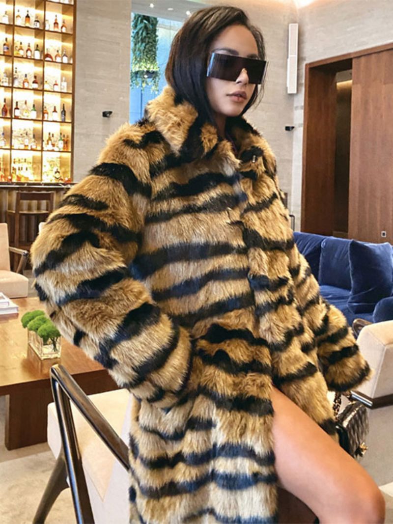 Faux Fur Coat Tiger Print Vinter Midi Ytterkläder För Kvinnor - Kaffe Brun