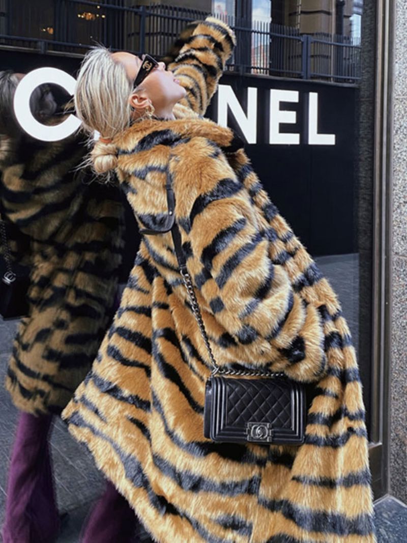 Faux Fur Coat Tiger Print Vinter Midi Ytterkläder För Kvinnor - Kaffe Brun