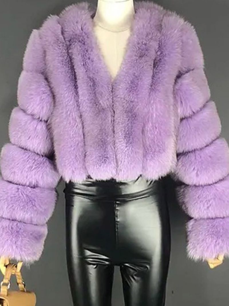 Faux Fur Coat V-ringad Långärmad Vinter Ytterkläder För Kvinnor - Lavendel