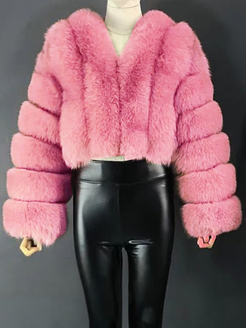 Faux Fur Coat V-ringad Långärmad Vinter Ytterkläder För Kvinnor - Rosa