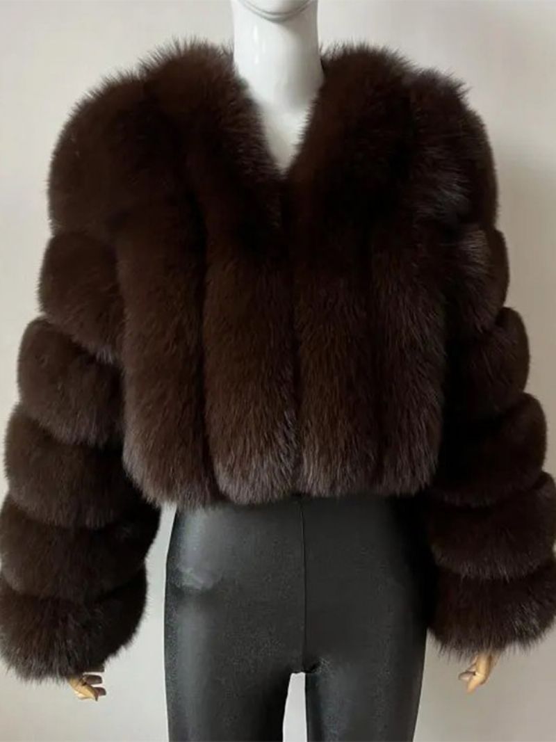 Faux Fur Coat V-ringad Långärmad Vinter Ytterkläder För Kvinnor - Kaffe Brun