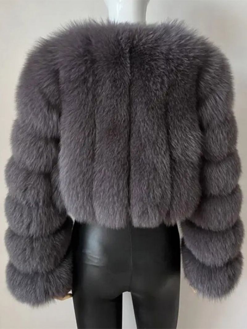 Faux Fur Coat V-ringad Långärmad Vinter Ytterkläder För Kvinnor - Grå