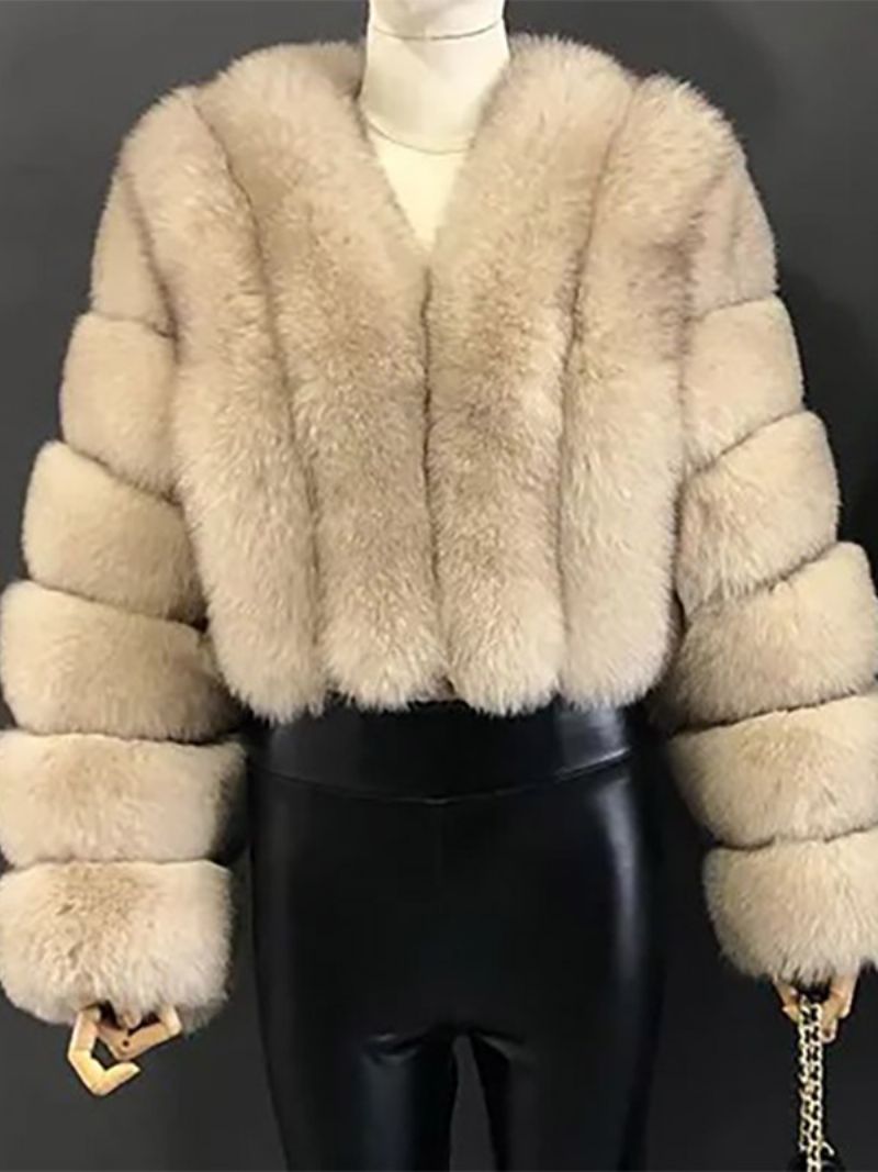 Faux Fur Coat V-ringad Långärmad Vinter Ytterkläder För Kvinnor - Beige