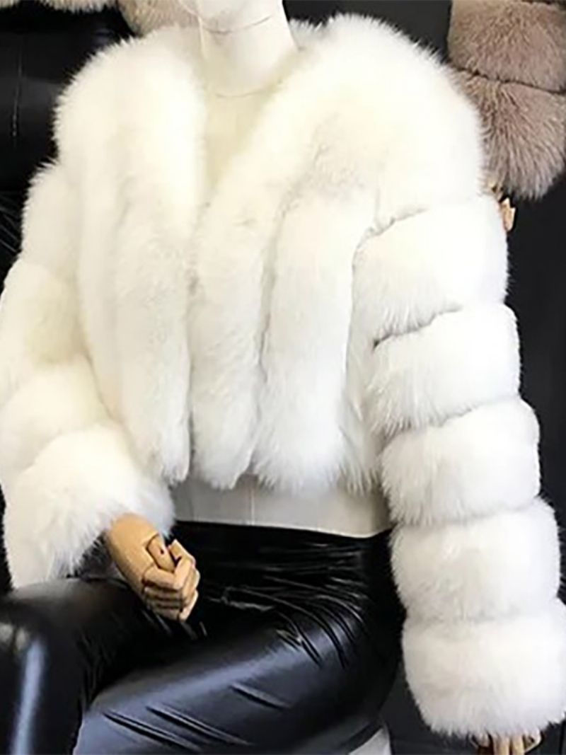 Faux Fur Coat V-ringad Långärmad Vinter Ytterkläder För Kvinnor - Vit