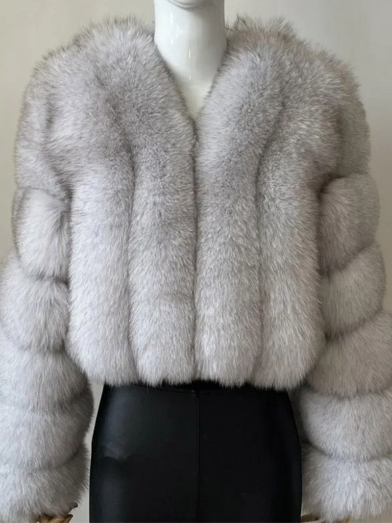 Faux Fur Coat V-ringad Långärmad Vinter Ytterkläder För Kvinnor - Silver