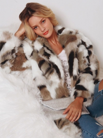 Faux Fur Coats Color Block Dam Vinter Ytterkläder