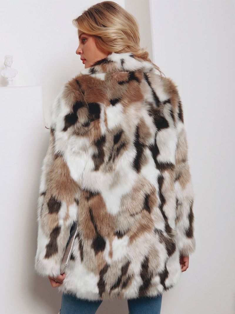 Faux Fur Coats Color Block Dam Vinter Ytterkläder - Kaffe Brun