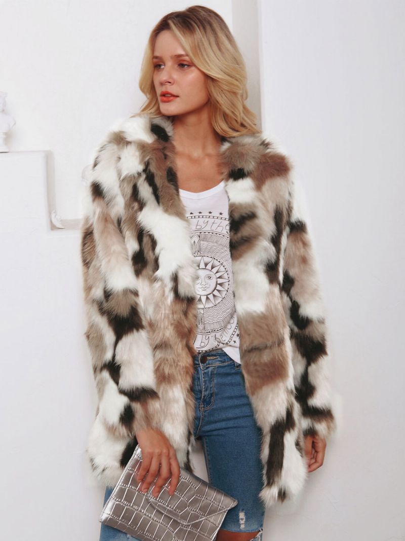 Faux Fur Coats Color Block Dam Vinter Ytterkläder - Kaffe Brun