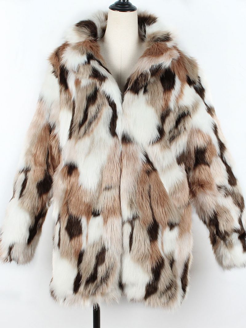 Faux Fur Coats Color Block Dam Vinter Ytterkläder - Kaffe Brun