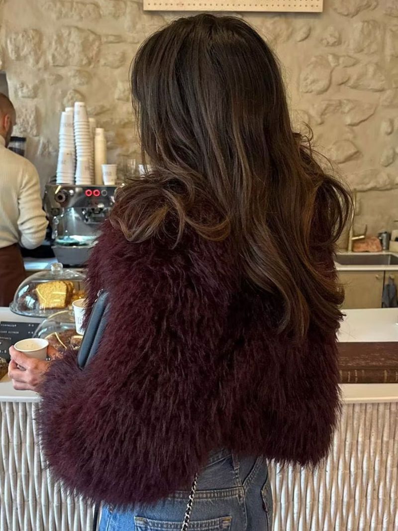 Faux Fur Coats Långärmad Öppen Fram Vinter Ytterkläder För Kvinnor - Bourgogne