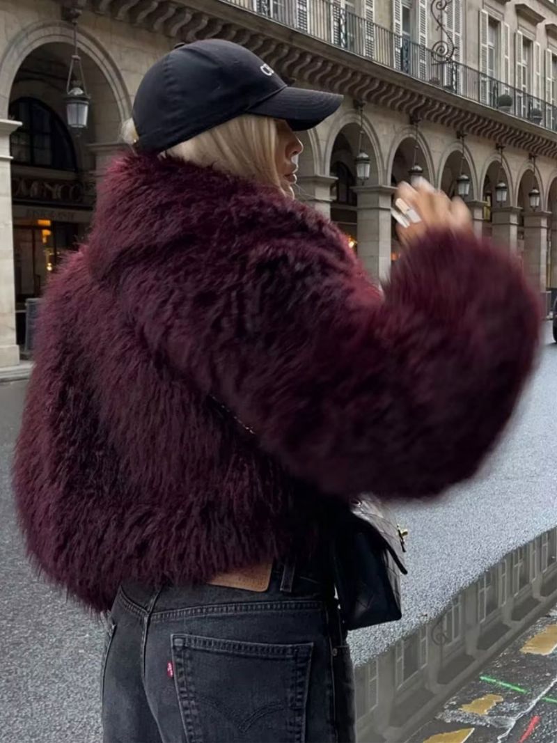 Faux Fur Coats Långärmad Öppen Fram Vinter Ytterkläder För Kvinnor - Bourgogne