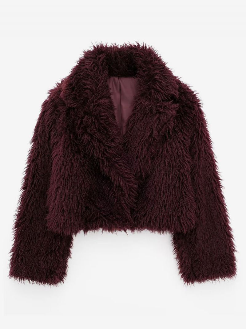 Faux Fur Coats Långärmad Öppen Fram Vinter Ytterkläder För Kvinnor - Bourgogne