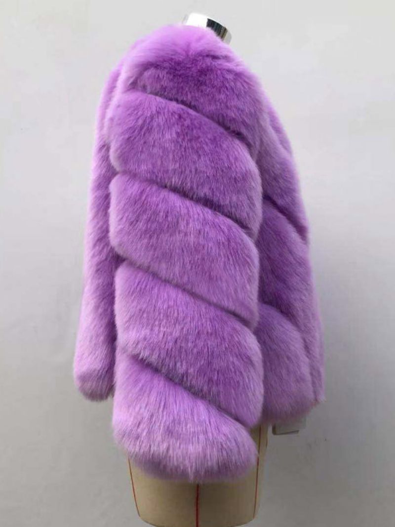 Faux Fur Coats Långärmad V-ringad Höst Vinter Ytterkläder För Kvinnor - Lila