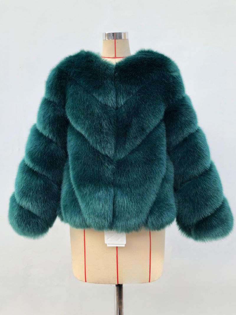 Faux Fur Coats Långärmad V-ringad Höst Vinter Ytterkläder För Kvinnor - Mörkgrön