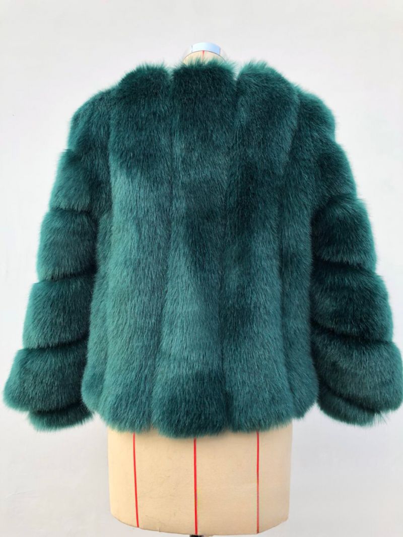 Faux Fur Coats Långärmad V-ringad Höst Vinter Ytterkläder För Kvinnor - Mörkgrön