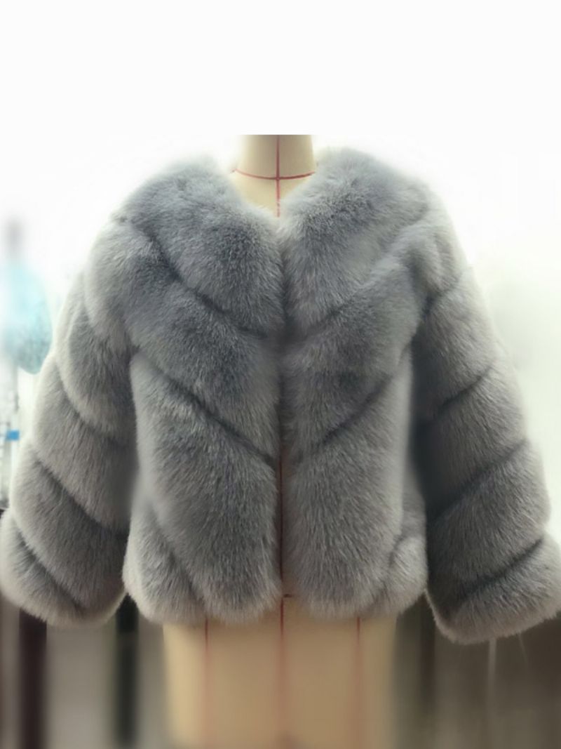 Faux Fur Coats Långärmad V-ringad Höst Vinter Ytterkläder För Kvinnor - Ljusgrå