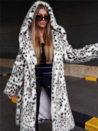 Faux Fur Overcoat Hooded Leopard Print Öppen Front Dam Ytterkläder