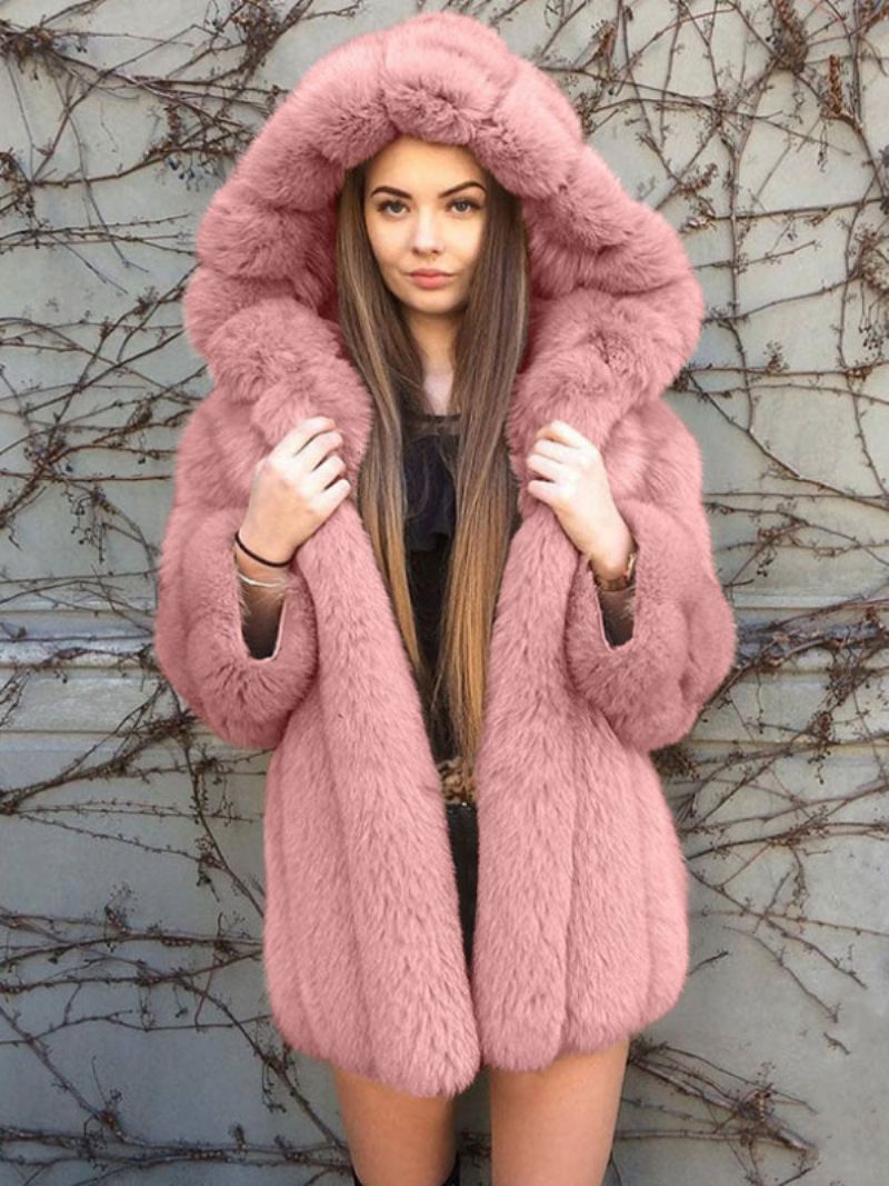 Fuskpälsjacka Hooded Winter Midi Ytterkläder För Kvinnor - Rosa