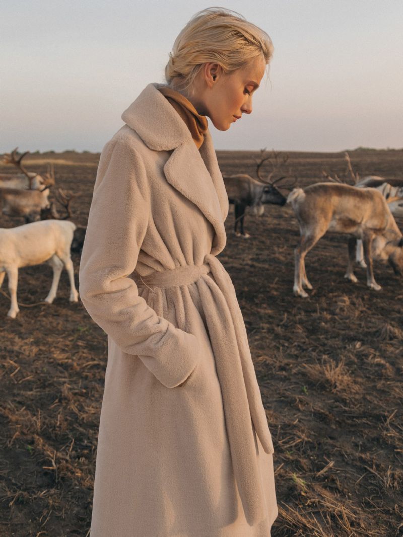 Fuskpälsrockar Bältade Dam Varma Vinter Ytterkläder - Beige