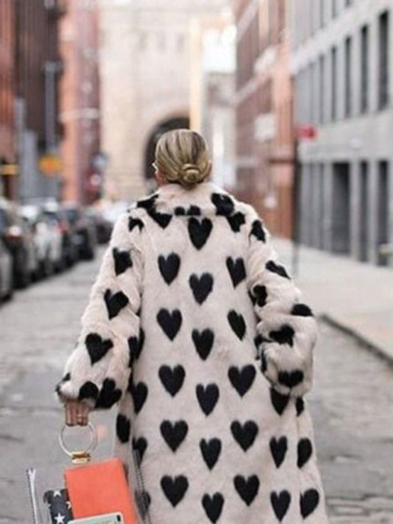 Fuzzy Overcoat Collared Heart Printed Longline Fuskpäls Kvinnor Ytterkläder - Vit