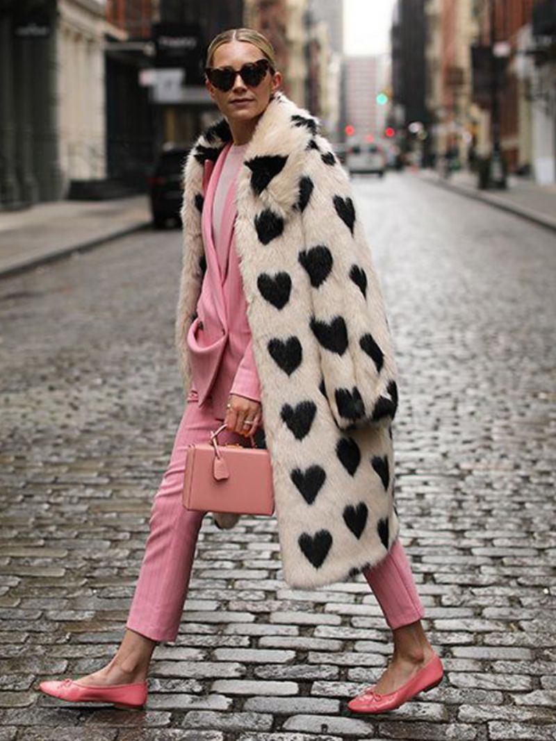 Fuzzy Overcoat Collared Heart Printed Longline Fuskpäls Kvinnor Ytterkläder - Vit