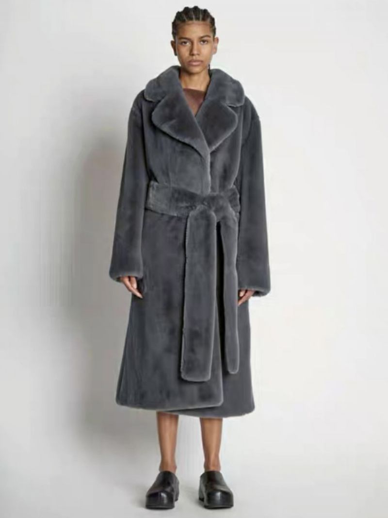 Longline Fuzzy Overcoat Skårad Lapel Belted Lösa Ytterkläder För Kvinnor - Djupgrå