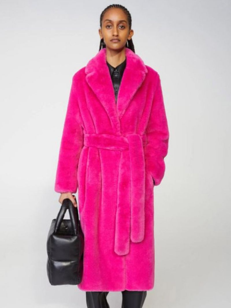 Longline Fuzzy Overcoat Skårad Lapel Belted Lösa Ytterkläder För Kvinnor - Ros