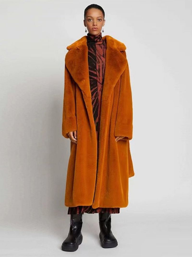 Longline Fuzzy Overcoat Skårad Lapel Belted Lösa Ytterkläder För Kvinnor - Amber