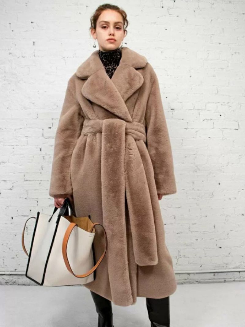 Longline Fuzzy Overcoat Skårad Lapel Belted Lösa Ytterkläder För Kvinnor - Kamel