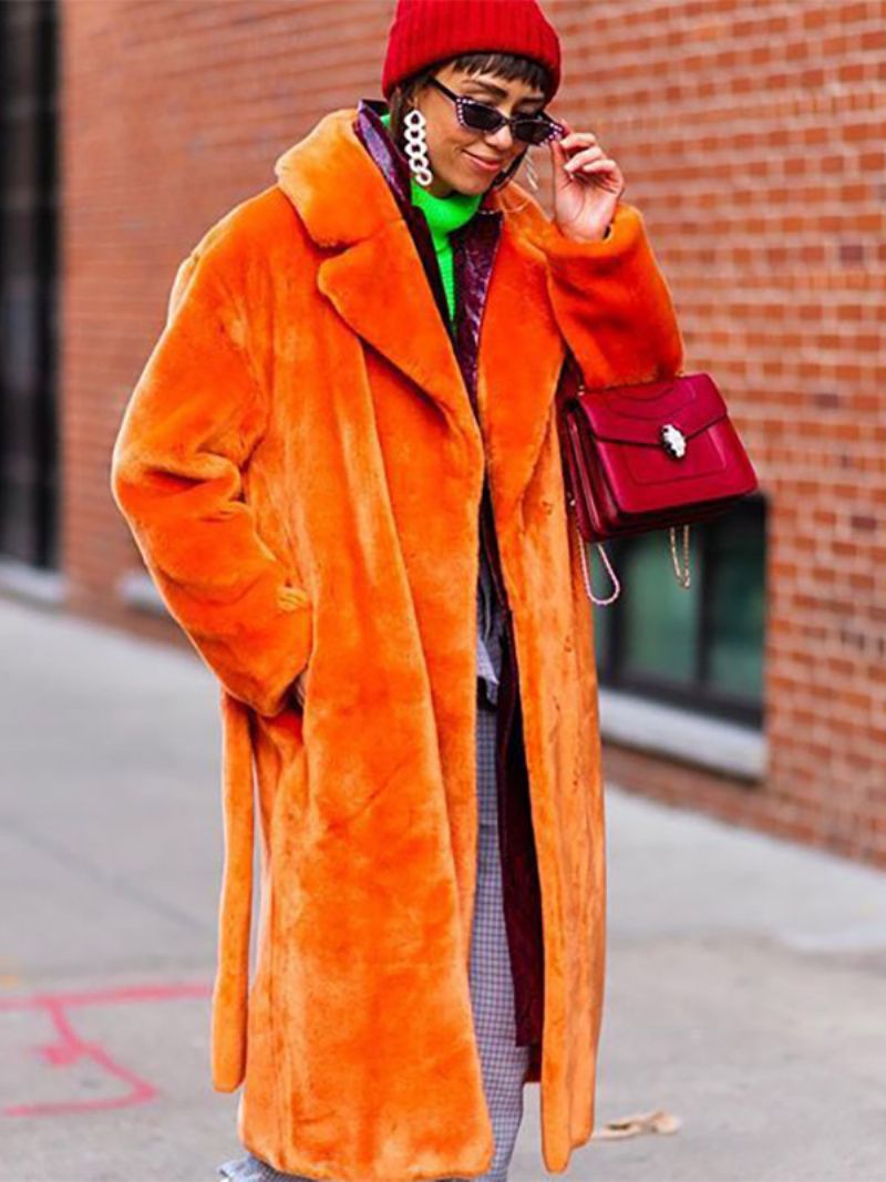 Longline Fuzzy Overcoat Skårad Lapel Belted Lösa Ytterkläder För Kvinnor - Orange