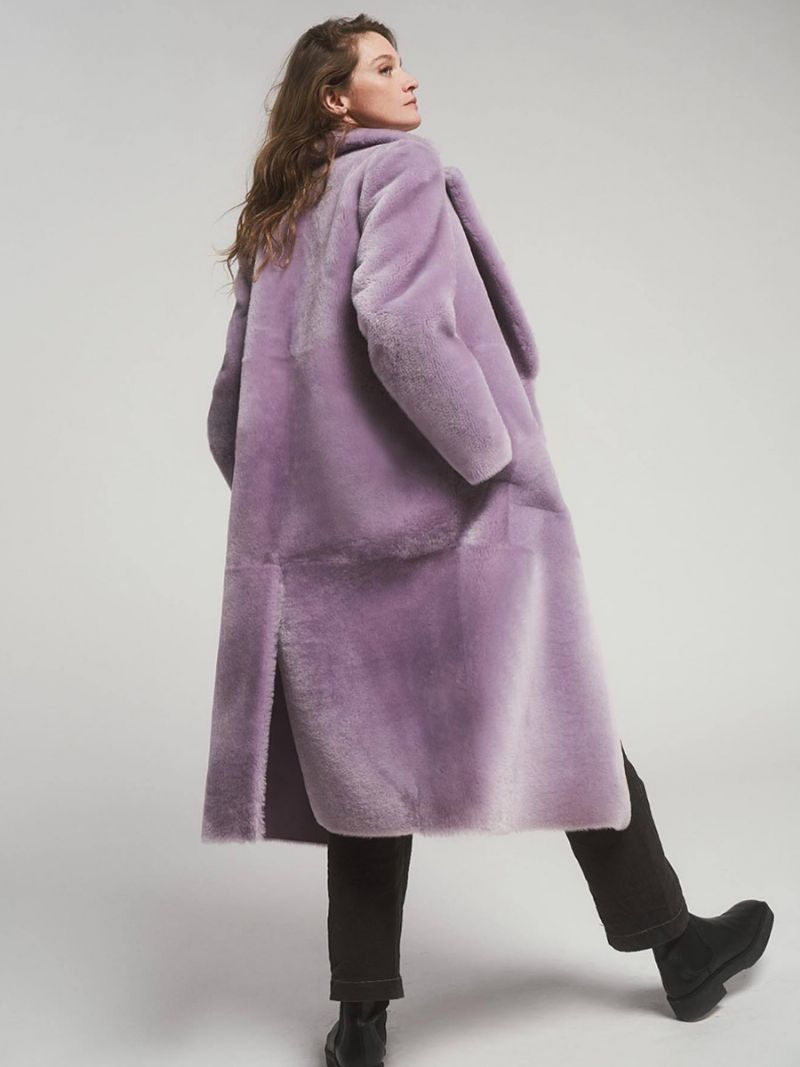 Longline Teddy Coat Notched Lapel Snedfickor Ytterkläder För Kvinnor - Lavendel