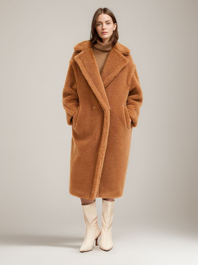 Teddy Coat Naggslag Lapel Longline Fuskpäls Ytterkläder För Kvinnor