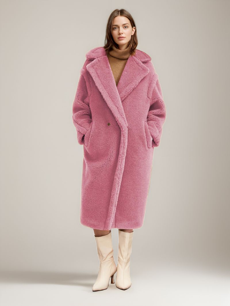 Teddy Coat Naggslag Lapel Longline Fuskpäls Ytterkläder För Kvinnor - Rosa