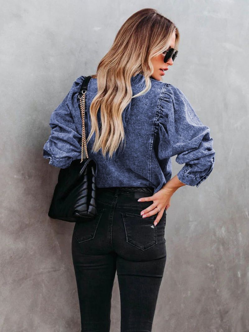 Blus För Dam Svart Denim Turndown-krage Casual Långärmade Toppar - Blå