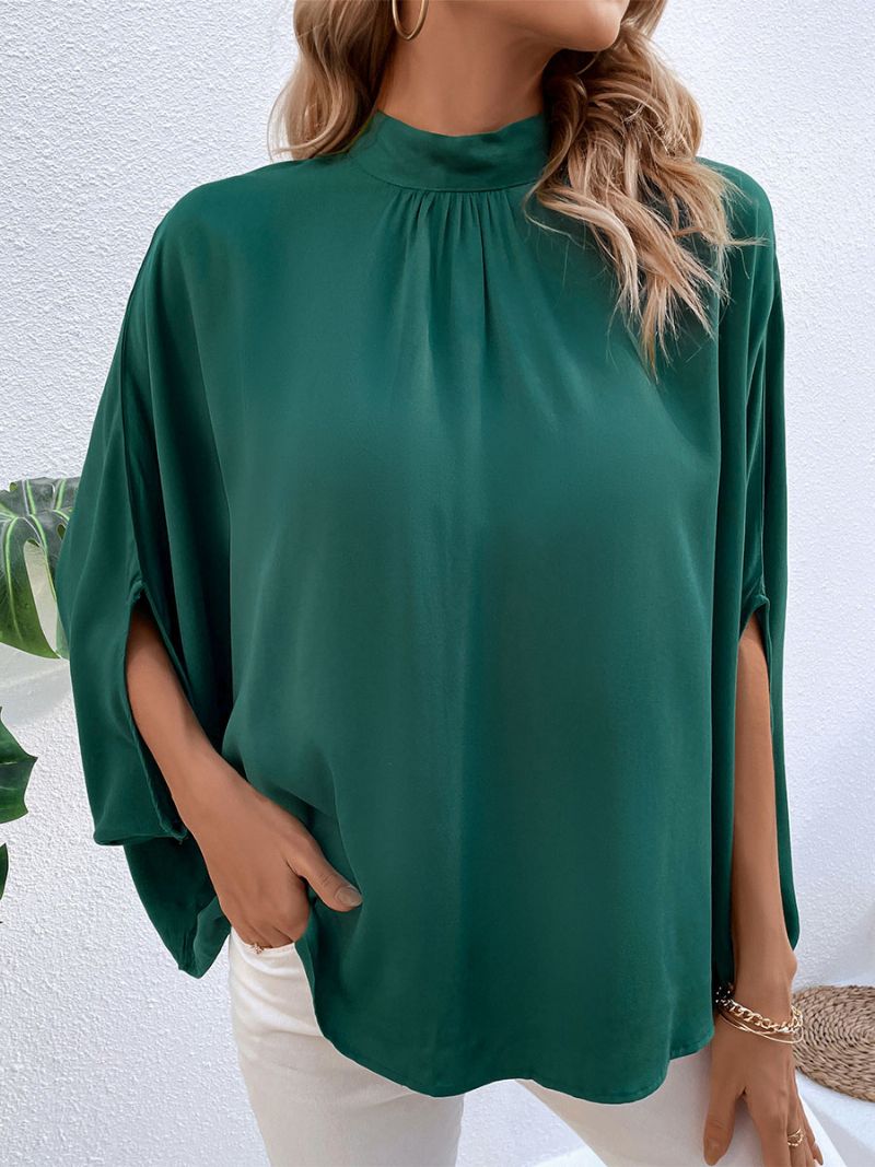 Blus För Kvinnor Mörkgrön Hög Krage Casual Half Sleeves Toppar - Mörkgrön