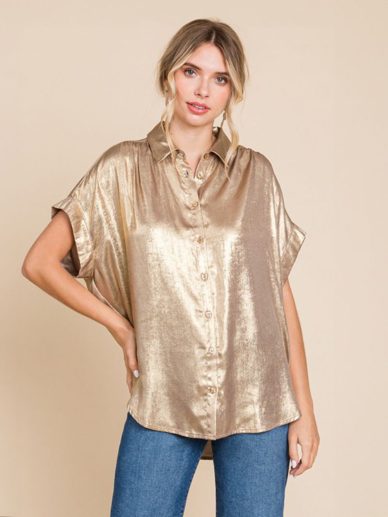 Blus För Kvinnor Vit Överdimensionerad Plisserad Turndown-krage Casual Kortärmad Polyester Toppar - Guld