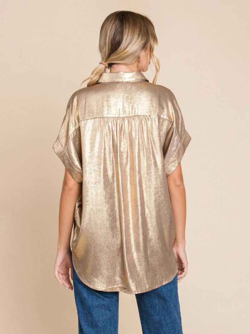 Blus För Kvinnor Vit Överdimensionerad Plisserad Turndown-krage Casual Kortärmad Polyester Toppar - Guld